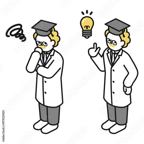 アイソメトリックイラスト:アイデアを思いつく博士 考える博士