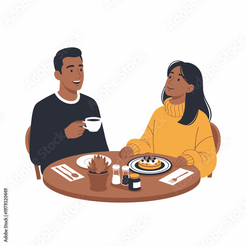 A smiling man and woman enjoying coffee and dessert together at a cafe table, engaged in conversation.