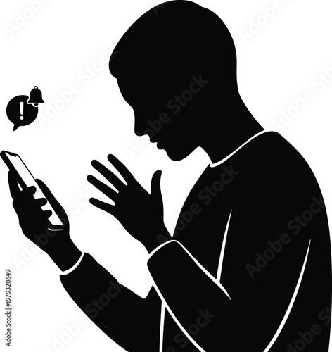 Man using smartphone silhouette with notification alert icon, mobile communication and social media concept, digital addiction and messaging, vector illustration isolated on white background
