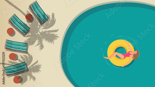 Summer landscape of swimming pool with blue water. A girl floats in the pool on an inflatable ring, while sun loungers stand in the shade of palm trees. Vector illustration of a tropical vacation.