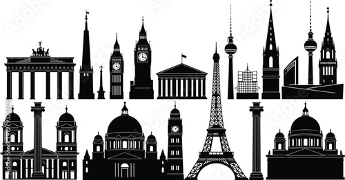 Collection of European landmark silhouettes including Eiffel Tower Big Ben and Brandenburg Gate isolated on white background for world travel design.