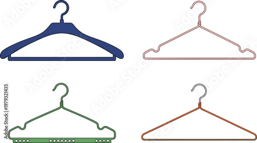 Collection of four different clothes hangers including plastic and wire styles in various colors for laundry fashion and retail concepts