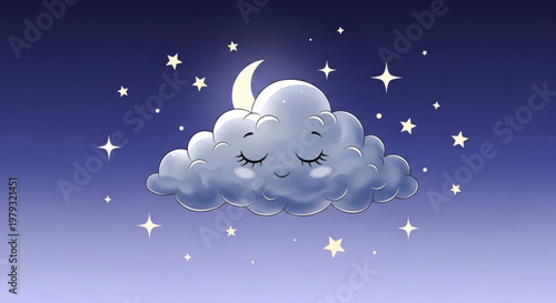 A serene cartoon cloud with closed eyes sleeps peacefully under a crescent moon and starry night sky with a soothing blue and purple gradient background