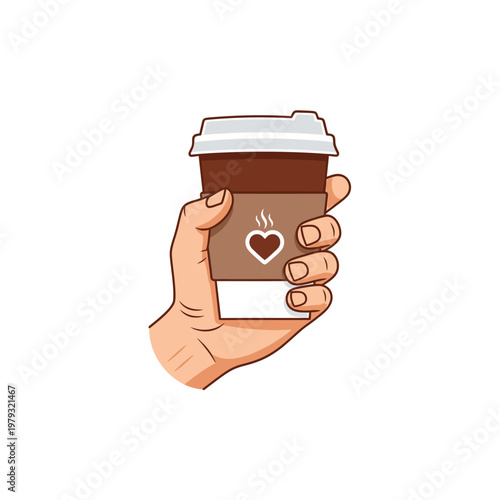 Hand Holding Coffee Cup with Heart Icon for Cafe and Beverage