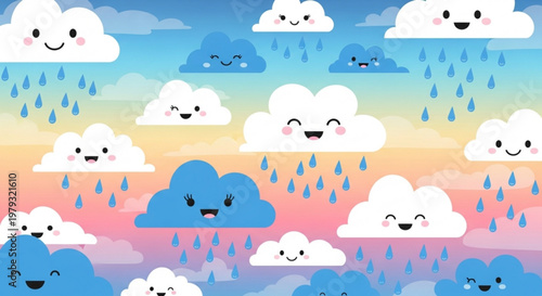 Colorful cartoon clouds with smiling faces raining down on a vibrant rainbow background