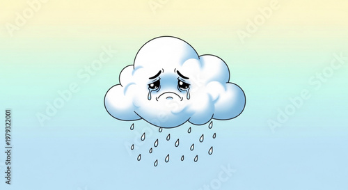 Sad cloud with rain and frowning face on gradient background