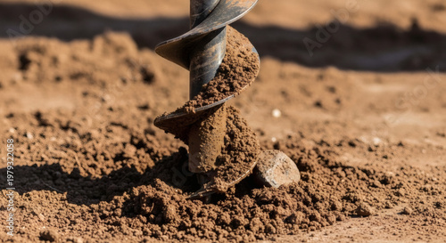 Auger drill bit digging into soil on construction site  