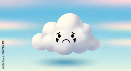 Sad fluffy white cloud with frowning face floating in blue sky with rainbow colors
