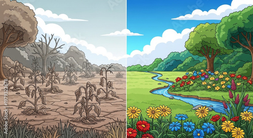 Split landscape illustration contrasting arid desert with vibrant green oasis symbolizing environmental change and conservation
