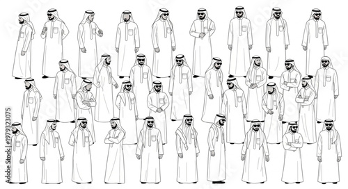 Group of men in traditional Arab attire standing together.