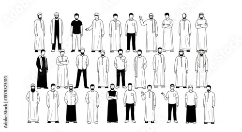 Group of diverse people in traditional attire standing together.