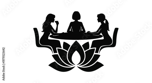 Silhouettes of three women gathered around a table, symbolizing connection and conversation.