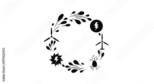 Renewable energy cycle with wind turbines and lightning bolt symbol