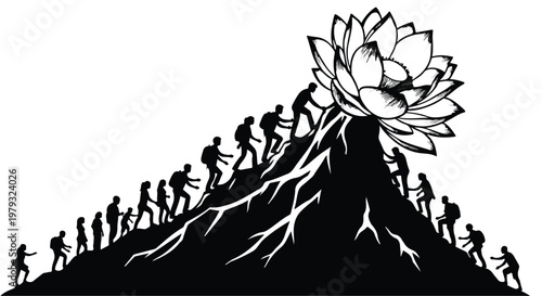 Silhouetted hikers ascend a mountain towards a large blooming flower, symbolizing aspiration and achievement.