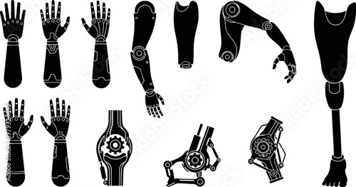 Collection of prosthetic robotic limbs and mechanical body parts, bionic technology