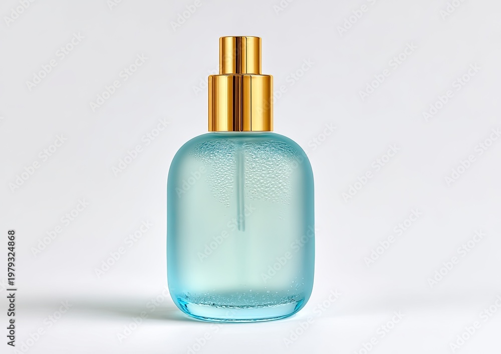 Fototapeta premium Frosted blue glass bottle with golden spray top, clear liquid inside