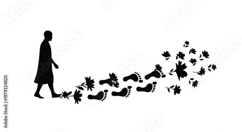 Silhouette of a person walking away, leaving a trail of footprints and leaves