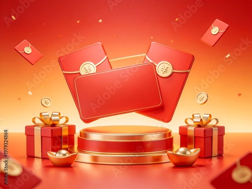 Red Envelopes and Gift Boxes on Orange Gradient Background