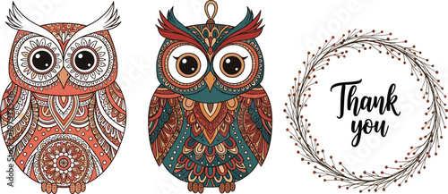 Cute Boho Style Owl Illustration Set with Hand-Drawn Ornamental Feathers, Tribal Patterns, and Floral Wreath Thank You Design for Cards, Invitations, and Crafts