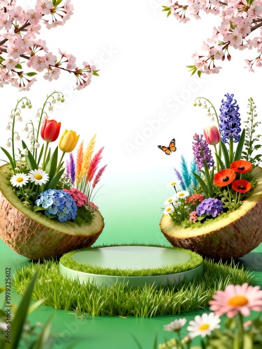 Spring Scene with Coconut Podiums and Colorful Flowers