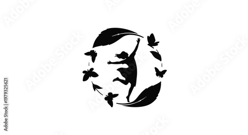Joyful silhouette of a person reaching for freedom with birds and leaves forming a circle