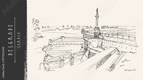 Belgrade, Kalemegdan Fortress, Viktor monument, Serbia. Pobednik statue. Old architecture on Danube river. Cityscape view travel postcard. Medieval citadel, landmark. Hand-drawn vintage vector sketch