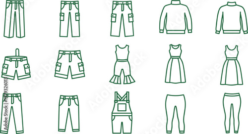 Clothing and Apparel Icon Set Featuring Pants, Shorts, Dresses, and Sweaters for Fashion, Outfit, and Wardrobe Designs