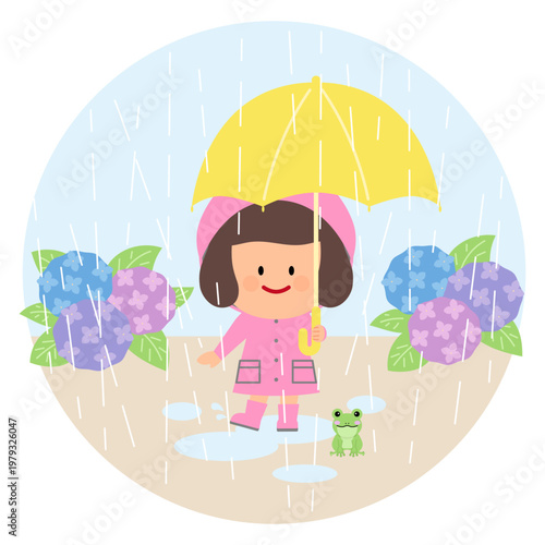 雨の日に傘をさす女の子と紫陽花イラスト