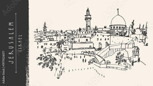 Jerusalem, Israel. Old city skyline. Western Wall (the Wailing Wall or HaKotel) sketch postcard. Jewish holy site ancient stone architecture. Hand-drawn vector  illustration. Travel sketch. Vintage bg