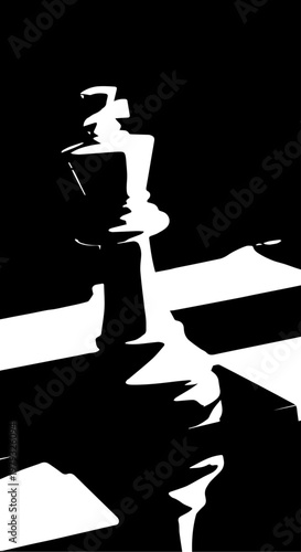 Abstract silhouette of a white chess king on a checkered chessboard.