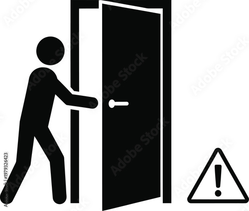 Person opening a door stands next to a warning triangle sign indicating a potential hazard or restricted access point.