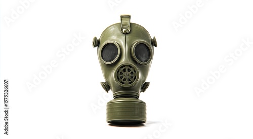 A front-facing olive drab gas mask with two large eye lenses and a central respirator