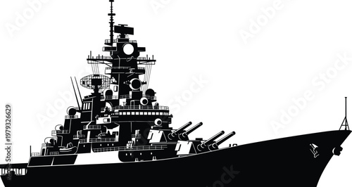 battleship silhouette, detailed naval warship, military ship illustration, navy vessel, armed cruiser, maritime defense, ocean warfare, vintage battleship design