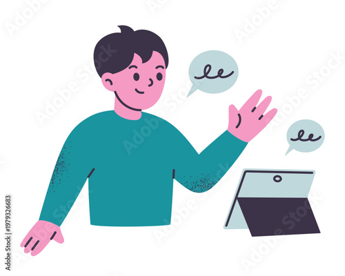 Little boy character learning with tablet, flat cartoon preschool kid practicing language and repeating words. Online tutor and digital education, children study vector illustration