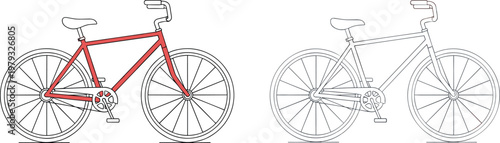 Editable Flat Bicycle Vector Set Featuring Red and Outline Road Bikes with Detailed Wheels, Pedals, and Frames for Sports, Transportation, and Cycling Illustrations