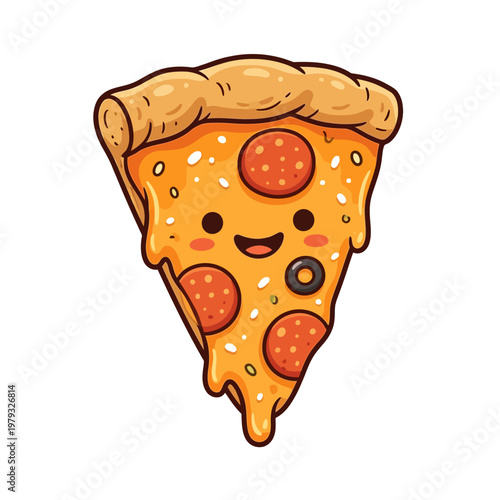 Smiling slice of pepperoni pizza with melted cheese and toppings on white background