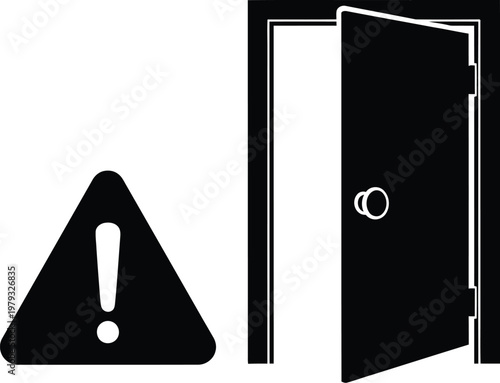 Warning sign and open door symbol indicate a potential safety hazard or an alert regarding building access.