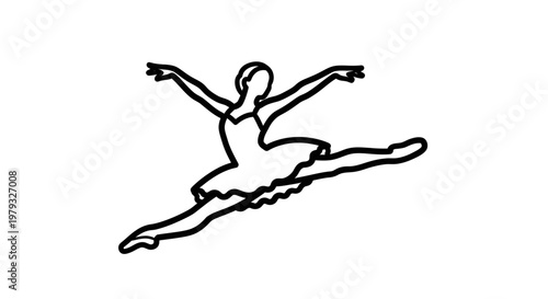 Elegant ballerina performing leap in black and white silhouette isolated
