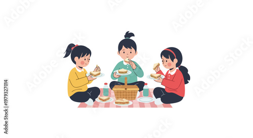 Three young girls are enjoying a picnic on a checkered blanket, eating sandwiches and drinking water around a traditional wicker basket.