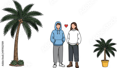 Cute Romantic Couple Illustration with Palm Trees, Potted Plants, and Love Heart Symbol in Flat Vector Style for Websites, Apps, and Digital Media Designs