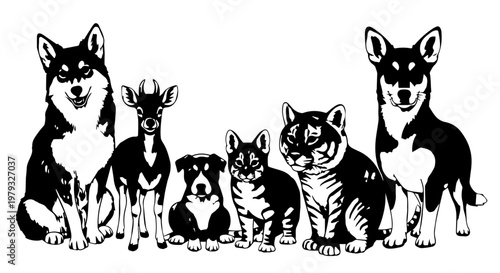 Group of black and white dogs of various breeds standing together in a lineup illustration.