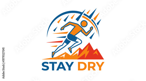 Stay Dry Running Man with Rain and Mountains in Logo