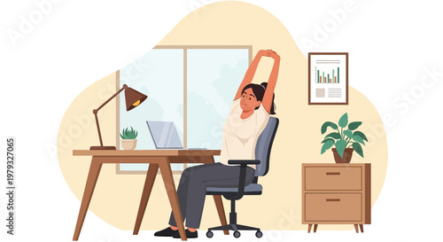 Man stretches in office chair at desk with laptop and lamp