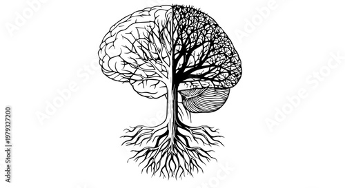 Conceptual brain tree illustration with neural roots and leafy canopy.