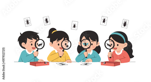 Four young children sit at a table, using magnifying glasses to carefully examine various insect illustrations during a fun science learning activity.