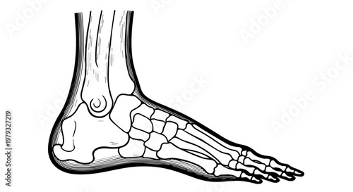 Anatomy Illustration of the Foot Skeleton, Showcasing Bones, Joints, and Muscles for Medical Study.