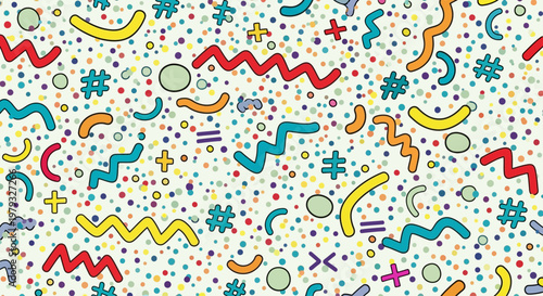 Vibrant memphis pattern design with colorful shapes and lines on a digital background