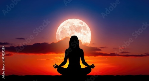 Silhouette of a person meditating under a bright full moon