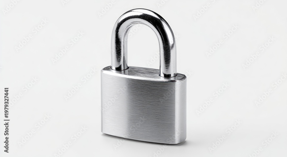 Fototapeta premium Gleaming silver padlock with a closed shackle on a stark white background