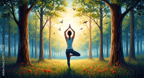 Woman in yoga pose in a forest with sunlight streaming through trees